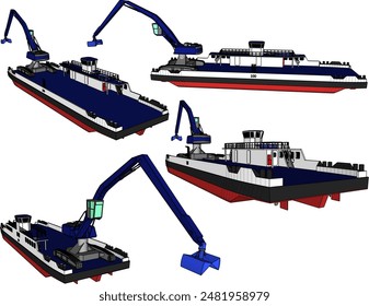 Vektorillustration Skizze des Entwurfs eines Industriekranponton-Boots zum Ausbaggern von Schlamm in Flüssen