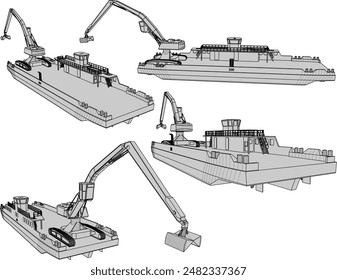 Vector illustration sketch of industrial crane pontoon boat design for dredging mud in rivers