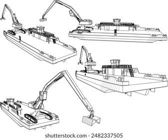 Vector illustration sketch of industrial crane pontoon boat design for dredging mud in rivers