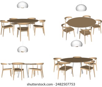 Dibujo de la Ilustración vectorial del diseño interior de la mesa de comedor y de las sillas para la familia Pequeña