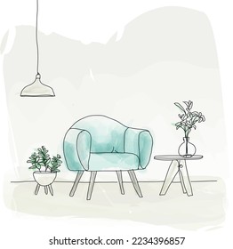 Vector illustration, sketch the interior modern living room.
