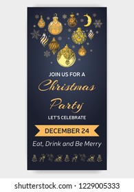 Vector illustration sketch invitation for christmas party. Holiday Template with hand drawn Decorations graphic. Happy New Year Card.