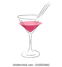 Vector illustration of a sketch isolated pink cocktail with straws on a white background. Alcohol bar menu decoration. Simple art style. Charcoal and chalk strokes