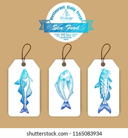 Vector illustration sketch - logo seafood. Card Menu restaurant.