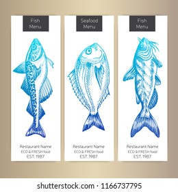 Vector illustration sketch - logo seafood. Card Menu restaurant.