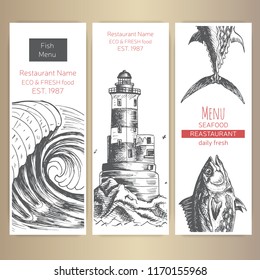 Vector illustration sketch - logo seafood. Card Menu restaurant.