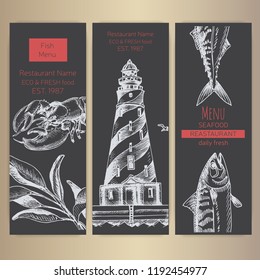 Vector illustration sketch - logo seafood. Card Menu restaurant.