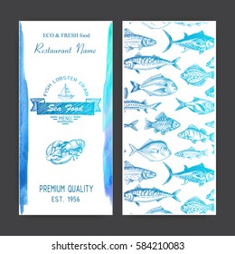 Vector illustration sketch - logo seafood. Card Menu restaurant. Flyer fish pattern.