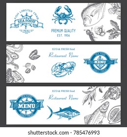 Vector illustration sketch - logo seafood. Card Menu restaurant.