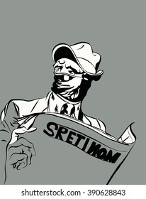 vector illustration sketch of a man in a cowboy hat and mask holding a newspaper
