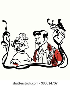 vector illustration sketch of a man with a monocle and a woman facing each other images of the past century