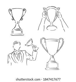 Ilustración vectorial. Esbozo. Mano del hombre sosteniendo una taza del ganador. ilustración de boceto vectorial de la copa del ganador