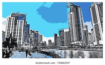 Vector illustration with sketch of Marina Dubai, UAE.