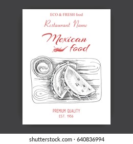 Vector illustration sketch - Mexican food.
Card Menu mexican cuisine. vintage design template, banner - tacos.