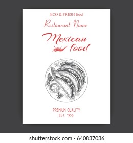 Vector illustration sketch - Mexican food.
Card Menu mexican cuisine. vintage design template, banner tacos.