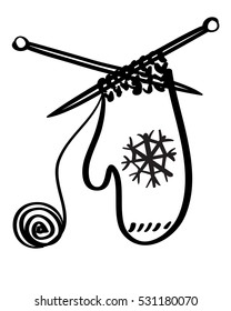 Vector illustration of a sketch mitten with snowflake, black lines
