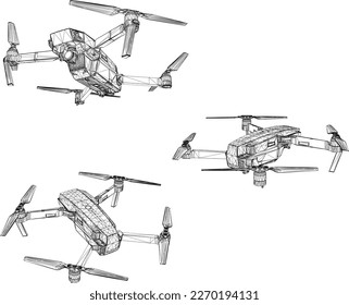 Vektorgrafik-Skizze moderner fortgeschrittener Drohne im Flug