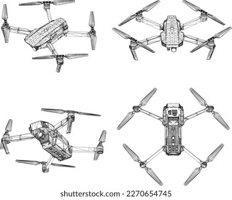 Vector illustration sketch of modern advanced drone in flight