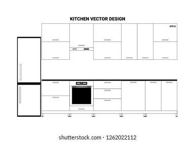 Vector illustration of sketch modern kitchen interior in linear flat style. Kitchen furniture.