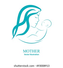 Vector Illustration Sketch Mother With A Small Baby. Logo Mom And Newborn Baby On An Isolated White Background. Doodle Hand-drawn Line Drawing. Woman Holding Infant. Side View Of The Profile.