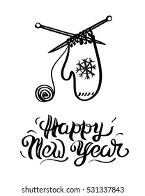 Vector illustration of a sketch New Year's mitten, black lines