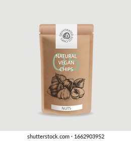 Vector illustration sketch nuts. Craft packaging for snacks. Branded package for natural eco product. Sketch hazelnut.