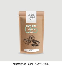 tuercas de esbozo de ilustración del vector. Embalaje de naves para aperitivos. Paquete para productos ecológicos naturales. Esbozar pistachos.