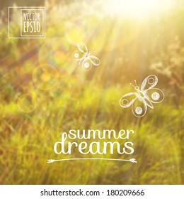 vector illustration. Sketch on summer dreams on the background images. butterflies  on a background of grass and sunlight