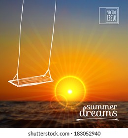 vector illustration. Sketch on summer holiday on the background images. swing against the sunset and the sea