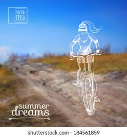 vector illustration. Sketch on summer holiday on the background images. girl on a bicycle.
