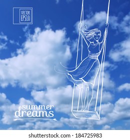 vector illustration. Sketch on summer dreams on the background images. girl on swing against the background of the sky