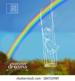 vector illustration. Sketch on summer dreams on the background images. girl on swing against the background of the rainbow