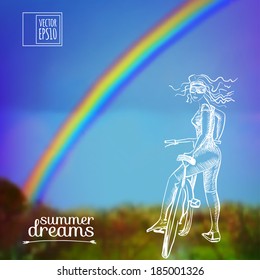 vector illustration. Sketch on summer dream on the background images. girl on a bicycle, on the background of sky and clouds