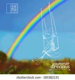 vector illustration. Sketch on summer dreams on the background images. girl on swing against the background of the rainbow