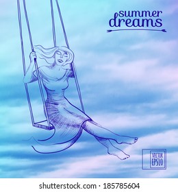 vector illustration. Sketch on summer dreams on the background images. girl sitting on a swing against the background of the sky