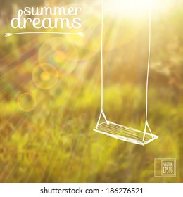 vector illustration. Sketch on summer dreams on the background images.swing on a background of grass and sun glare