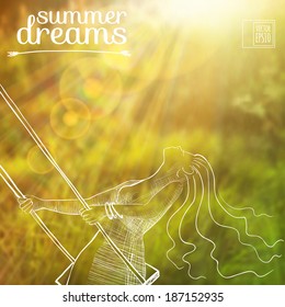 vector illustration. Sketch on summer dreams on the background images. girl in  on a swing on a background of grass and sun glare