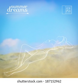 vector illustration. Sketch on summer dreams on the background images. girl sunbathes on a beach and sky background