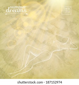 vector illustration. Sketch on summer dreams on the background images. girl sunbathes on a beach in the sun