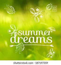 vector illustration. Sketch on summer holiday on the background images. butterflies and ladybugs on a background of grass
