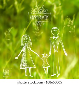 vector illustration. Sketch on summer holiday on the background images. butterflies  on a background of grass. Family on a walk