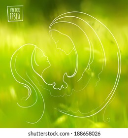 vector illustration. Sketch on summer holiday on the background images. Mother and daughter on a background of grass.