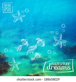 vector illustration. Sketch on summer holiday on the background images. fish, starfish and bubbles of air on the background of the seabed