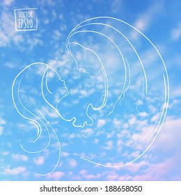 vector illustration. Sketch on summer holiday on the background images. Mother and daughter on sky background