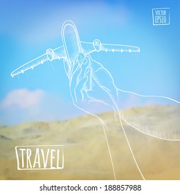 vector illustration. Sketch on summer dreams on the background of the sandy beach and the sky. Couple holding a model airplane, dreaming of traveling.