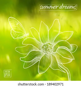 vector illustration. Sketch on summer dreams on the background images. large flower with a butterfly on a background of grass