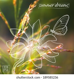 vector illustration. Sketch on summer dreams on the background images. large flower with a butterfly on a background of grass