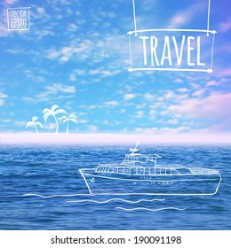Ilustración vectorial. Bosquejo de los sueños de verano en las Imágenes de fondo. Isla con palmeras y un yate en el océano