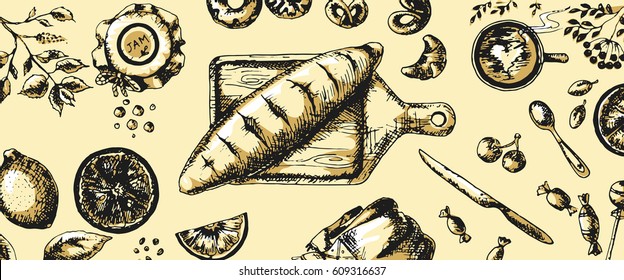 Vector illustration of a sketch on a theme of fresh baking, bread, and snacks for tea, coffee. Hand-drawn, isolated on white background.