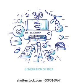 Vector illustration of a sketch on the theme of generating ideas, new technologies in the business and advertising products.It is executed in a flat style,painted by hand. Isolated on white background